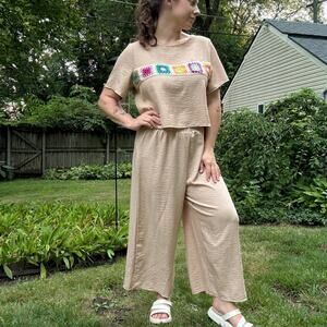 XL Mushroom Beige Two Piece Top & Bottom Set Crochet Light Boho Relax Lounge